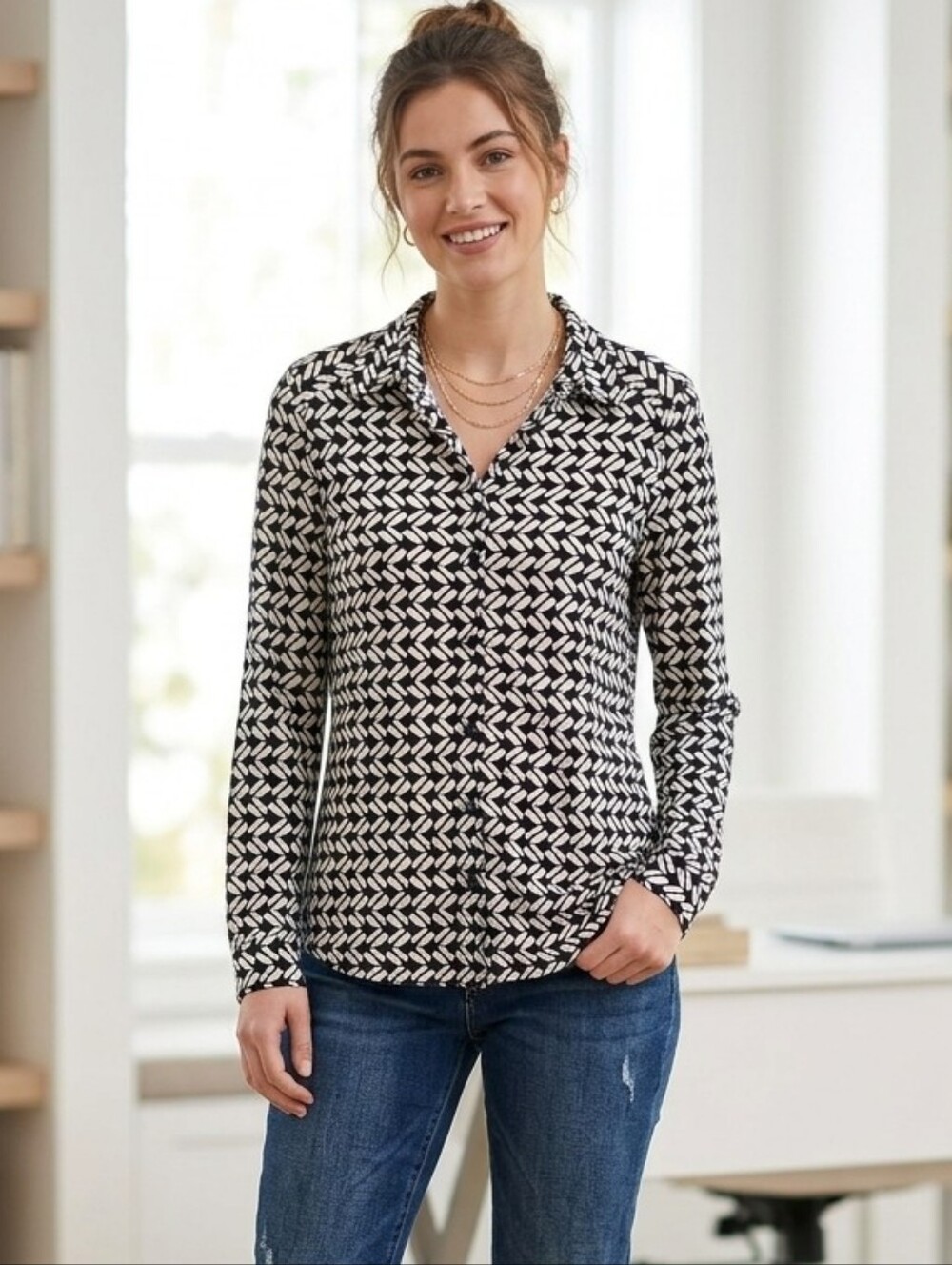 Nicole Miller Black White Geometric Print Button Down Blouse Top Size M